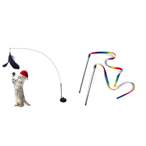 Qpets® Cat Toys,2Pcs Cat Rainbow Wand and Interactive Teaser Wand with Suction Cup Base,Bell Replaceable Feather Pendant Elastic Fiberglass Rod for Kittens Persian Indoor Cats Qpets® Cat Toys,2Pcs Cat Rainbow Wand and Interactive Teaser Wand with Suction Cup Base,Bell Replaceable Feather Pendant Elastic Fiberglass Rod for Kittens Persian Indoor Cats